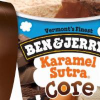 Karamel Sutra Core · Chocolate & Caramel ice cream with fudge chips and a soft caramel core