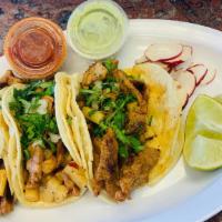 Tacos (3) · Soft tacos served with cilantro, dried onions, and sauce on the side. Beef, chicken, chorizo...
