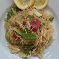 Pancit Bihon · Filipino style rice noodle with sliced chicken, Chinese sausage, and mixed vegetables.
