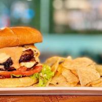 Brunch N Burger · Two beef patties, American cheese, caramelized onions, lettuce, tomato, special sauce, on a ...