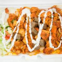 Lamb & Chicken Over Rice · Grilled Onions, Green Peppers, Lettuce, Tomatoes, White Sauce, Mild or Spicy