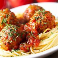 Spaghetti & Meatballs · Meatballs, spaghetti, marinara sauce, and Parmesan cheese served over pasta.