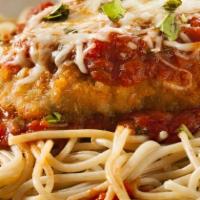 Chicken Parmesan · Favorite. Breaded chicken breast topped with basil marinara, mozzarella and Parmesan, served...