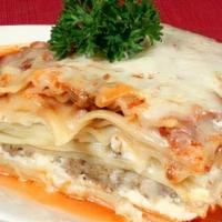 Lasagna · Favorite. Layer of pasta with homemade marinara, sautéed ground beef, mozzarella and ricotta.