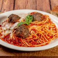 Spaghetti & Meatballs · Homemade marinara, meatballs and mozzarella served over spaghetti.