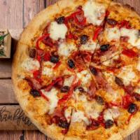 Sicilian Pizza · Very light tomato sauce, prosciutto, fresh mozzarella, roasted red peppers and Kalamata oliv...