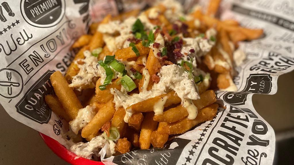 Crab Fries  · Our House Seasoned fries topped with, house aoli, real crab meat, scallions and bacon. This a good Jawn! As seen on @philly_krave ig