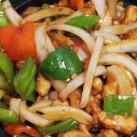 Chicken In Black Bean Sauce · Hot and spicy. Comes with steamed white rice.