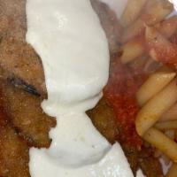 Eggplant Parmesan · Lightly breaded eggplant, gravy topped with homemade mozzarella and penne.