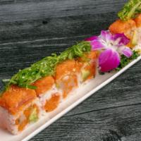 Green Monster Roll · Spicy scallop, tempura flake, jalapeno inside, soy wrapped, topped with avocado, spicy tuna,...