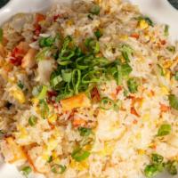 Lobster Fried Rice (White) · Egg, green peas, scallion, lobster meat and carrot.