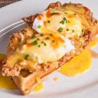 Chicken & Waffles Benedict (6 Oz) · Southern fried chicken breast, two eggs, served on a buttermilk waffle half topped with mapl...