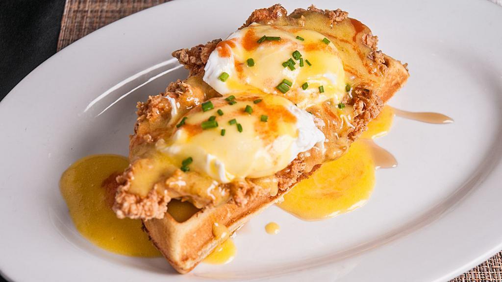 Chicken & Waffles Benedict (6 Oz) · Southern fried chicken breast, two eggs, served on a buttermilk waffle half topped with maple syrup and hot sauce hollandaise.