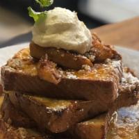 Apple Pie French Toast · Sliced challah bread, topped with fresh cinnamon apples, caramel sauce, chantilly creme, and...