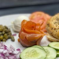 Lox & Bagel · Served traditionally with Philadelphia cream cheese, cucumbers, tomatoes, red onions, and ca...