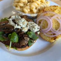 Mushroom Bleu Burger (8 Oz) · House blend burger, topped with sautéed mushrooms, bleu cheese, arugula, red onion, garlic l...