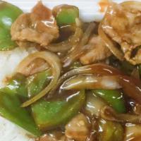Pepper Steak With Onion · Served with white rice.
