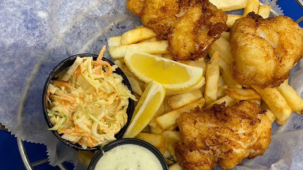 Fish & Chips · Fresh cod, tartar sauce, fries, house made slaw.