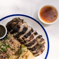 Pork Belly · Rice and peas, and stewed cabbage