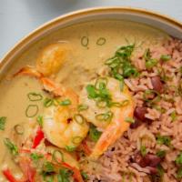 Curry Shrimp · Rice and peas, okra