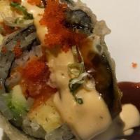 Godzilla Roll, Deep Fried (Cut Roll)- Spicy · Deep fried roll with spicy tuna, avocado, tamago, white fish, cream cheese, spicy mayo, eel ...