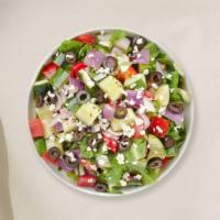 Fat Greek Salad · Fresh lettuce, feta cheese, cucumber, tomatoes, banana peppers, green peppers, Kalamata oliv...