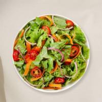 Classic Garden Salad · Fresh lettuce, tomatoes, green pepper, cucumber, banana peppers, olives. Served with bread.