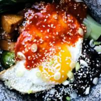 Dolsot Bibimbap [Gf, Vt, Df] · Vegetarian, gluten-free, and dairy-free. Baby spinach, brussels sprouts, zucchini, glazed sh...