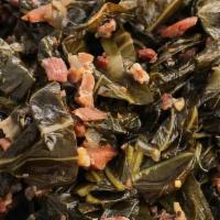 Collard Greens · A southern favorite cooked with smoked pork, seasoned with salt, pepper, and garlic.
