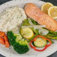 Grilled Seasoned Salmon Dinner · With two sides.