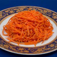 Korean Carrot Salad · Mildly spiced marinated carrots.