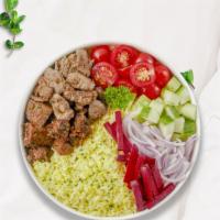 Silence Of The Beefy Lamb Rice Bowl · Skewered pieces of lamb and beef marinated in a Mediterranean blend of herbs and spices serv...