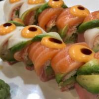 Kabuki Roll(No Rice) · Snow Crab, Crunch, Avocado, and Asparagus inside, White Tuna, Salmon on top, with Eel Sauce ...