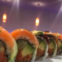 Dance Monkey Roll · Spicy tuna crunch cucumber avocado inside, salmon and eel on the top served spicy mayo and e...