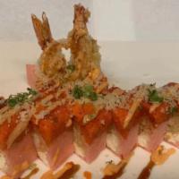 Pink Girl Roll · Shrimp tempura and cream cheese with soy paper inside, spicy crunch tuna on the top w. spicy...