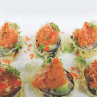Super Crunch Roll · Deep-fried kani avocado cucumber inside, spicy tuna on the top, served spicy mayo eel sauce ...