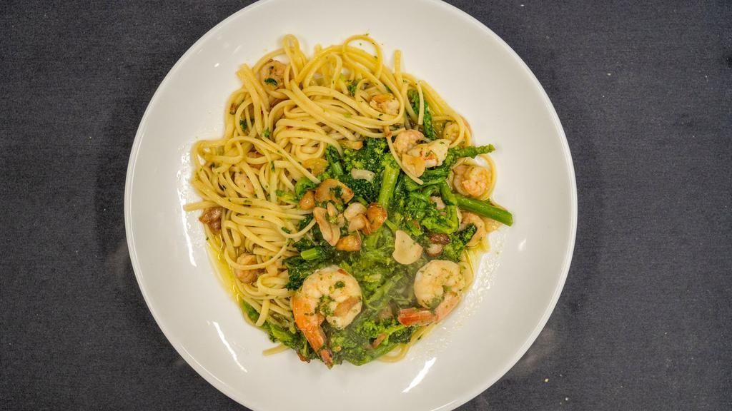 Broccoli Rabe & Rock Shrimp · Served with pasta. Sautéed in extra virgin olive oil and fresh garlic.