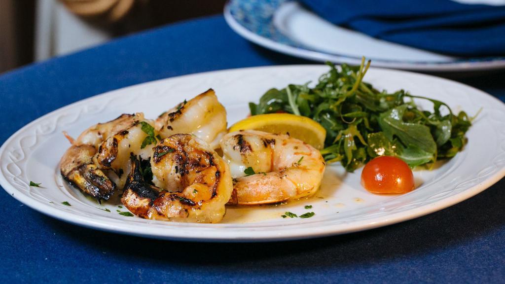 Grilled Shrimp · Jumbo wild-caught gulf shrimp charcoal grilled with ladolemono.
