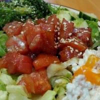 **Limu Poke Salad · Romaine lettuce, raw poke tuna, crabmeat, seaweed salad, cucumber, avocado, spicy mayo.