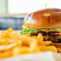 Locals Burger · Beef patty, American cheese, an onion ring, locals house sauce, lettuce, tomato, and red oni...
