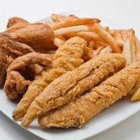 2 Whiting, 3 Chicken Wings · Lightly breaded and fried Golden Filet of whiting and chicken wings, served with two side di...