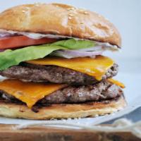 Double Cheeseburger · 1LB. Fresh brisket angus ground beef patties and melted double American cheese on a toasted ...
