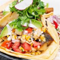 Hither Creek · Grilled local rockfish in corn tortillas with tomato & sweet corn salad, avocado, cilantro a...