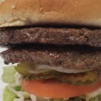 Double Hamburger · 2 1/4 LB patties stacked on a seeded bun dressed with mayo, lettuce, tomato, onion, and pickle