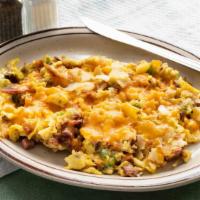 Double D Mess · Three scrambled eggs with home fries. Fried onions, green peppers, ham, bacon, and sausage. ...