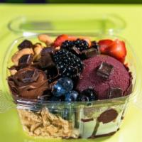 Midnight Bowl · Graham Crackers, blackberries, Strawberries, blueberries, cashews, dark chocolate chips, nut...