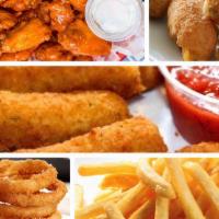 Appetizer Sampler · Choose any 4: 
-5 piece Chicken Fingers OR 8 piece Chicken Wings
-French Fries
-Onion Rings
...