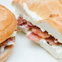 New Yorker Bagel · Toasted bagel with cream cheese and bacon.