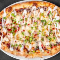 Chipotle Bbq Chicken Pizza · spicy-sweet sauce, blend of mozzarella and cheddar cheeses, roasted red peppers, chopped sca...