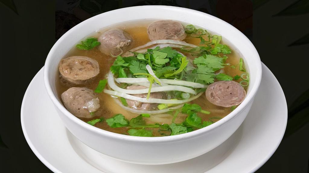 Pho Bo Vien (Beef Noodle Soup With Meatballs) · Beef noodle soup with meatballs.